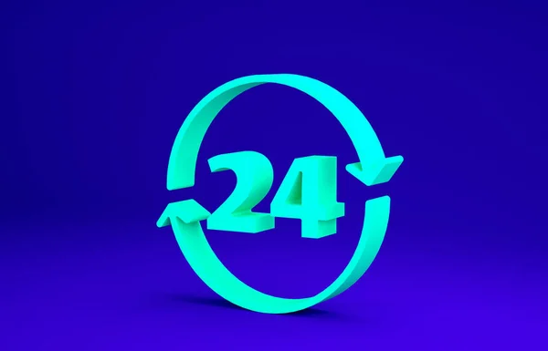 Relógio Verde 24 horas ícone isolado no fundo azul. Ícone cíclico o dia todo. 24 horas de símbolo de serviço. Conceito de minimalismo. 3D ilustração 3D render — Fotografia de Stock