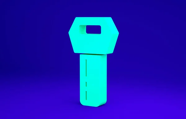 Zielony klucz samochodu z ikoną zdalnego odizolowanego na niebieskim tle. Kluczyki i system alarmowy. Koncepcja minimalizmu. Ilustracja 3D 3D renderowania — Zdjęcie stockowe