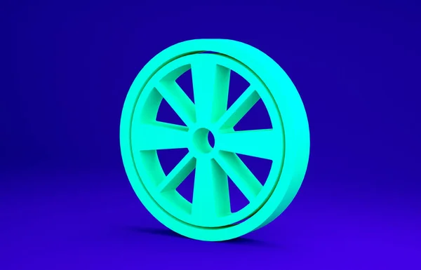 青の背景に隔離された車のアイコンのためのグリーン合金ホイール。最小限の概念。3Dイラスト3Dレンダリング — ストック写真