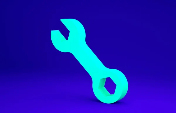 Green Wrench spanner εικονίδιο που απομονώνεται σε μπλε φόντο. Μινιμαλιστική έννοια. 3d απεικόνιση 3D καθιστούν — Φωτογραφία Αρχείου
