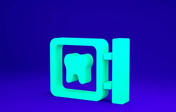 Zielona ikona lokalizacji kliniki dentystycznej odizolowana na niebieskim tle. Koncepcja minimalizmu. Ilustracja 3D 3D renderowania — Zdjęcie stockowe