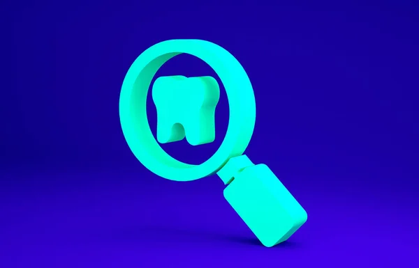 Icono de búsqueda dental verde aislado sobre fondo azul. Símbolo dental para clínica odontológica o centro médico dentista. Concepto minimalista. 3D ilustración 3D render — Foto de Stock
