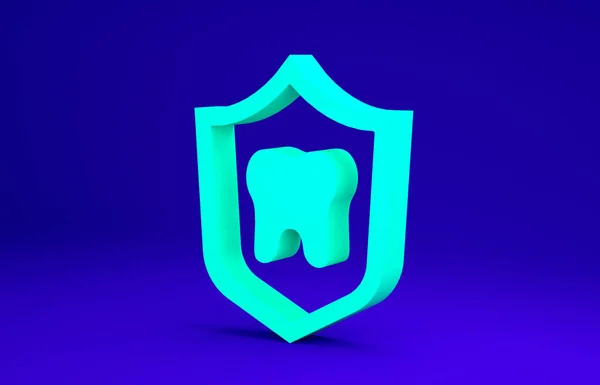绿色牙齿保护图标隔离在蓝色背景.盾徽上的牙齿最低纲领的概念。3D渲染3D插图 — 图库照片
