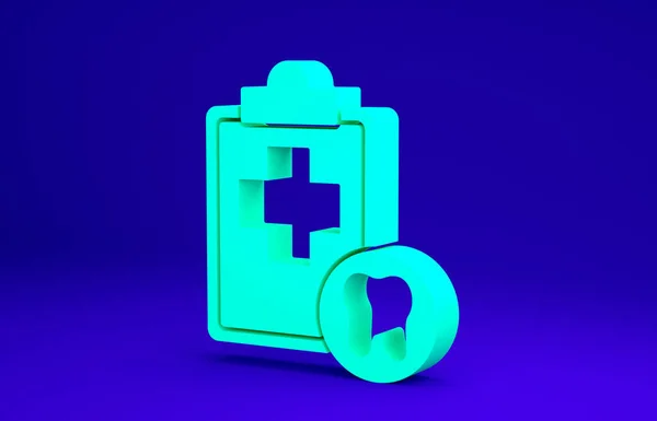 Clipboard verde com cartão dental ou paciente ícone de registros médicos isolados em fundo azul. Seguro dentário. Relatório da clínica dentária. Conceito de minimalismo. 3D ilustração 3D render — Fotografia de Stock