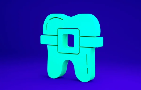 Denti verdi con l'icona bretelle isolato su sfondo blu. Allineamento del morso dei denti, fila dentale con con bretelle. Concetto dentale. Concetto minimalista. Illustrazione 3d rendering 3D — Foto Stock