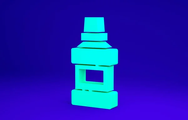 Πράσινο Mouthwash πλαστικό μπουκάλι και το εικονίδιο γυαλί απομονώνονται σε μπλε φόντο. Υγρό για ξέπλυμα στόματος. Εξοπλισμός στοματικής φροντίδας. Μινιμαλιστική έννοια. 3d απεικόνιση 3D καθιστούν — Φωτογραφία Αρχείου