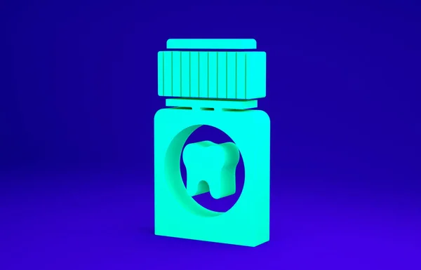 Icône de comprimé analgésique vert mal de dents isolé sur fond bleu. Médecine dentaire. Capsule pilule et drogue. Conception de pharmacie. Concept de minimalisme. Illustration 3D rendu 3D — Photo