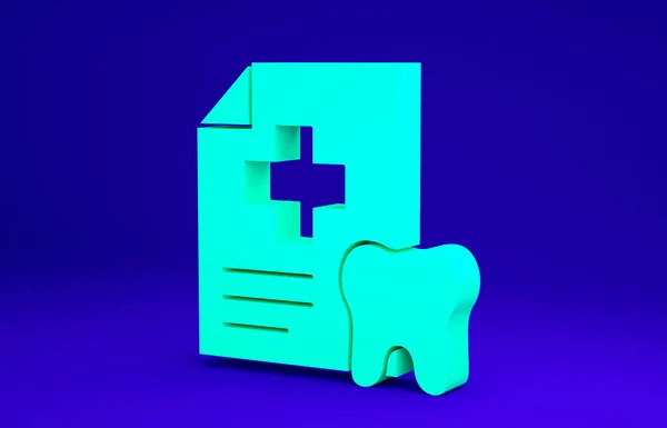 치아 카드가 있는 녹색 립 보드와 환자의 의료 기록 아이콘은 파란 배경에 분리되어 있다. 치과 보험. 치과 진료 보고서요. 미니멀리즘의 개념입니다. 3d 삽화 3D 렌더링 — 스톡 사진