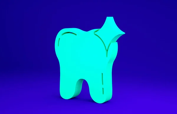 Ícono del concepto de blanqueamiento dental verde aislado sobre fondo azul. Símbolo dental para clínica odontológica o centro médico dentista. Concepto minimalista. 3D ilustración 3D render —  Fotos de Stock