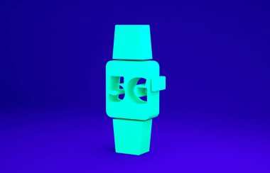 Green Smart saat 5G yeni kablosuz internet kablosuz kablosuz ikonu mavi arkaplanda izole edildi. Küresel ağ yüksek hızlı bağlantı veri oranı teknolojisi. Minimalizm kavramı. 3d illüstrasyon 3B canlandırma