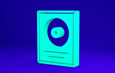 Çerçeve simgesinde yeşil CD ödülü mavi arkaplanda izole edildi. Modern tören. En çok satan. Müzik kupası. Minimalizm kavramı. 3d illüstrasyon 3B canlandırma