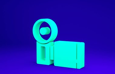 Yeşil Sinema kamera simgesi mavi arkaplanda izole edildi. Video kamera. Film tabelası. Film projektörü. Minimalizm kavramı. 3d illüstrasyon 3B canlandırma