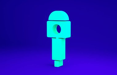 Mavi arkaplanda yeşil mikrofon simgesi izole edildi. Radyodaki mikrofondan. Sözcü işareti. Minimalizm kavramı. 3d illüstrasyon 3B canlandırma