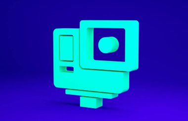 Yeşil Hareket ekstrem kamera simgesi mavi arkaplanda izole edildi. Ekstrem sporları çekmek için video kamera ekipmanı. Minimalizm kavramı. 3d illüstrasyon 3B canlandırma