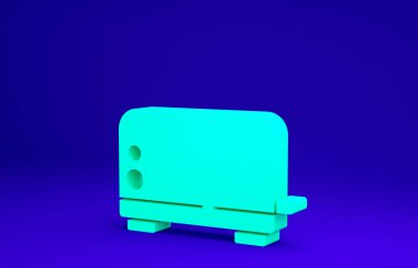 Mavi arkaplanda yeşil tost makinesi simgesi izole edildi. Minimalizm kavramı. 3d illüstrasyon 3B canlandırma