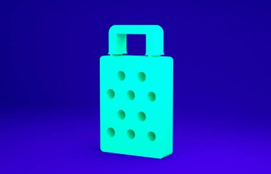 Yeşil Grater simgesi mavi arkaplanda izole edildi. Mutfak sembolü. Mutfak aletleri. Çatal bıçak seti. Minimalizm kavramı. 3d illüstrasyon 3B canlandırma