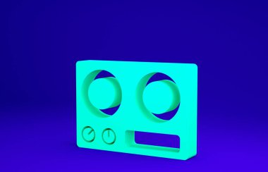 Mavi arkaplanda yeşil gaz sobası simgesi izole edildi. Mutfak tabelaları. Dört daire ocağı olan bir hob. Minimalizm kavramı. 3d illüstrasyon 3B canlandırma