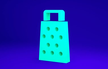 Yeşil Grater simgesi mavi arkaplanda izole edildi. Mutfak sembolü. Mutfak aletleri. Çatal bıçak seti. Minimalizm kavramı. 3d illüstrasyon 3B canlandırma