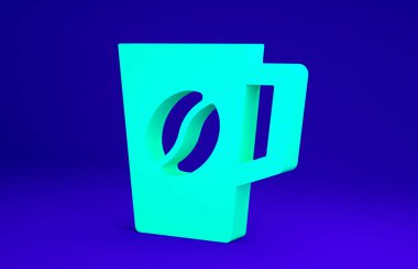 Mavi arkaplanda yeşil kahve bardağı simgesi izole edildi. Çay fincanı. Sıcak içecek kahvesi. Minimalizm kavramı. 3d illüstrasyon 3B canlandırma