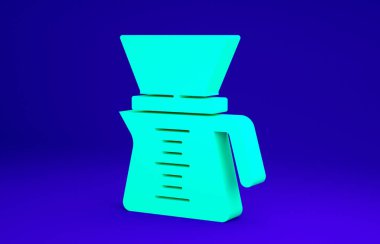 Yeşil Chemex simgesi mavi arkaplanda izole edildi. Alternatif kahve demleme yöntemleri. Kahve kültürü. Minimalizm kavramı. 3d illüstrasyon 3B canlandırma