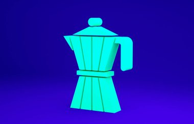 Yeşil kahve makinesi moca pot ikonu mavi arkaplanda izole edilmiş. Minimalizm kavramı. 3d illüstrasyon 3B canlandırma