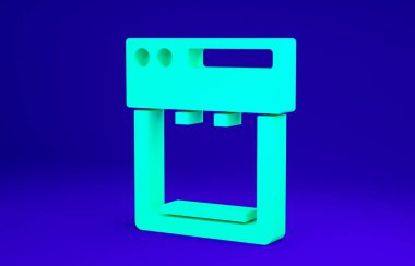 Mavi arkaplanda yeşil kahve makinesi simgesi izole edildi. Minimalizm kavramı. 3d illüstrasyon 3B canlandırma