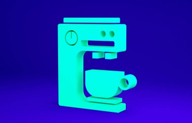 Mavi arkaplanda yeşil kahve makinesi simgesi izole edildi. Minimalizm kavramı. 3d illüstrasyon 3B canlandırma