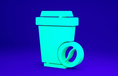 Yeşil kahve fincanı mavi arka planda izole edilmiş bir ikon haline gelecek. Minimalizm kavramı. 3d illüstrasyon 3B canlandırma