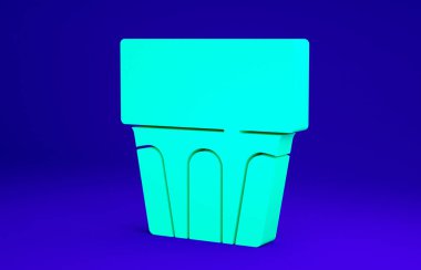 Mavi zemin üzerinde su ikonu olan yeşil cam. Soda bardağı. Taze soğuk içecek sembolü. Minimalizm kavramı. 3d illüstrasyon 3B canlandırma