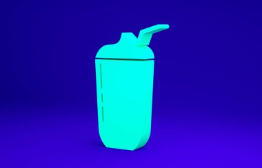 Mavi arkaplanda yeşil milkshake simgesi izole edildi. Kapaklı ve samanlı plastik bardak. Minimalizm kavramı. 3d illüstrasyon 3B canlandırma