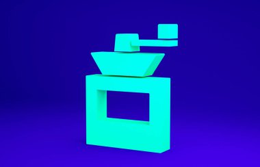 Mavi arkaplanda yeşil manuel kahve öğütücü simgesi var. Minimalizm kavramı. 3d illüstrasyon 3B canlandırma
