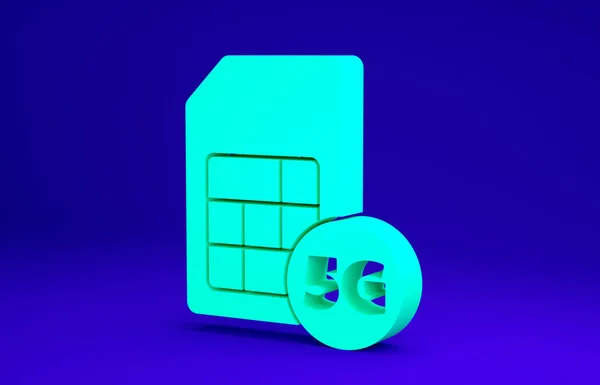 Ikona Zelená 5G Sim Card izolovaná na modrém pozadí. Mobilní a bezdrátové komunikační technologie. Elektronické připojení síťových čipů. Minimalismus. 3D ilustrace 3D vykreslení — Stock fotografie
