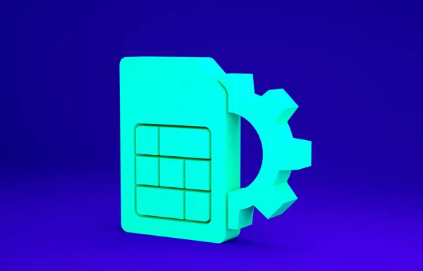 Zielona karta SIM ustawianie ikony izolowane na niebieskim tle. Komórka komórkowa karta SIM chip. Symbol technologii telefonii komórkowej. Koncepcja minimalizmu. Ilustracja 3D 3D renderowania — Zdjęcie stockowe