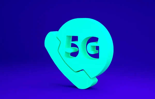 Groene telefoon met 5G nieuwe draadloze internet wifi icoon geïsoleerd op blauwe achtergrond. Wereldwijd netwerk hoge snelheid verbinding datasnelheid technologie. Minimalisme concept. 3d illustratie 3D renderen — Stockfoto