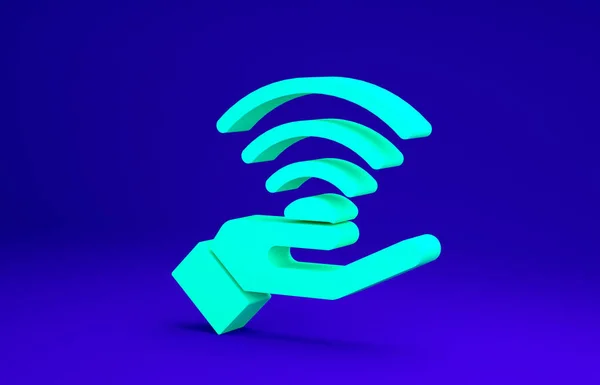 Зеленый новый значок беспроводного доступа в Интернет 5G выделен на синем фоне. Глобальная сеть высокоскоростных технологий передачи данных. Концепция минимализма. 3D-рендеринг — стоковое фото