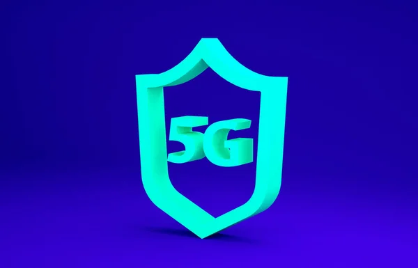 Green Protective shield 5G bezprzewodowy internet wifi ikona izolowana na niebieskim tle. Globalna technologia szybkich połączeń sieciowych. Koncepcja minimalizmu. Ilustracja 3D 3D renderowania — Zdjęcie stockowe