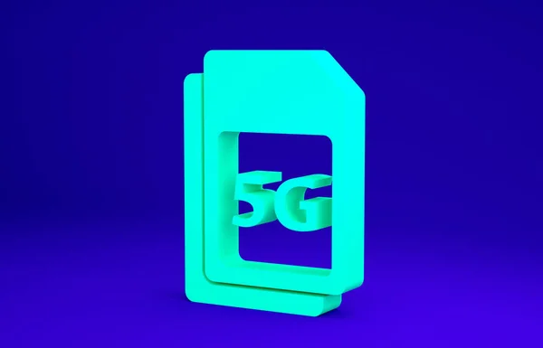 Зелена піктограма 5G Sim Card ізольована на синьому фоні. Мобільні та бездротові технології зв'язку. Електронне з'єднання мережевого чипа. Концепція мінімалізму. 3D ілюстрація 3D рендеринга — стокове фото