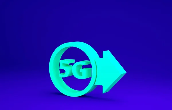 Зелений 5G новий бездротовий інтернет Wi-Fi значок з'єднання ізольовано на синьому фоні. Глобальна мережа технології високошвидкісного з'єднання даних швидкості. Концепція мінімалізму. 3D ілюстрація 3D рендеринга — стокове фото