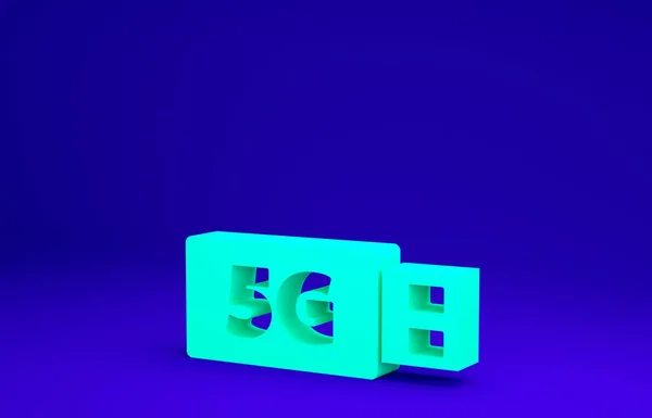 Зелений модем 5G для швидкого мобільного ікону Інтернету, ізольований на синьому фоні. Глобальна технологія високошвидкісного з'єднання. Концепція мінімалізму. 3D-рендеринг — стокове фото