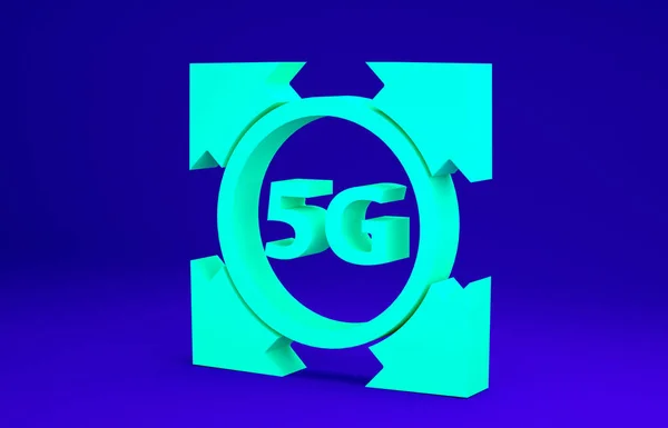 Zielony 5G nowy bezprzewodowy internet bezprzewodowy połączenie ikona izolowane na niebieskim tle. Globalna technologia szybkich połączeń sieciowych. Koncepcja minimalizmu. Ilustracja 3D 3D renderowania — Zdjęcie stockowe