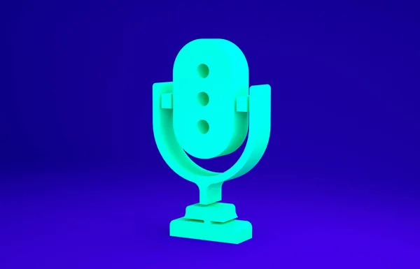 Icono de micrófono verde aislado sobre fondo azul. En el micrófono de radio de aire. Firma del portavoz. Concepto minimalista. 3D ilustración 3D render — Foto de Stock