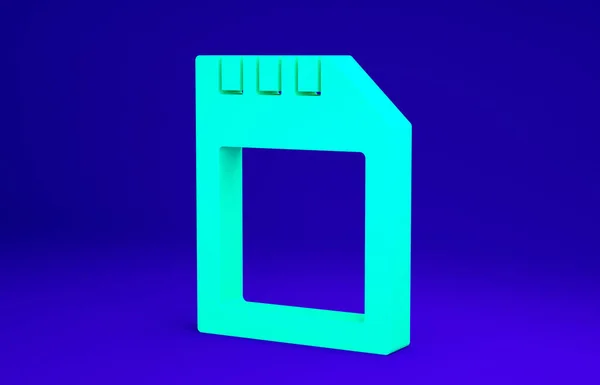 Ikona zelené SD karty izolovaná na modrém pozadí. Paměťová karta. Ikona adaptéru. Minimalismus. 3D ilustrace 3D vykreslení — Stock fotografie