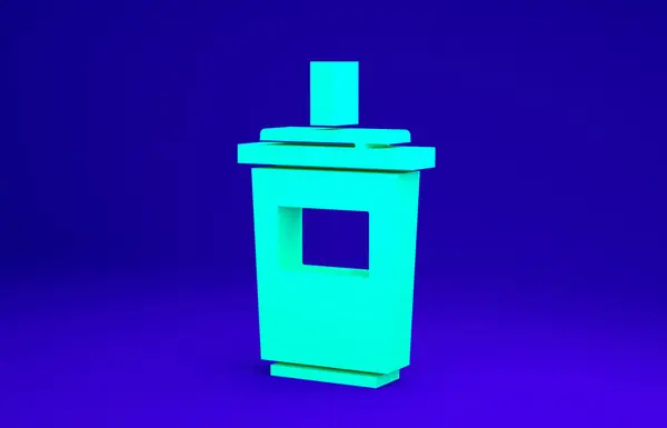 Zelené papírové sklo s pitnou slámou a ikonou vody izolované na modrém pozadí. Sklenice na pití. Symbol čerstvého studeného nápoje. Minimalismus. 3D ilustrace 3D vykreslení — Stock fotografie