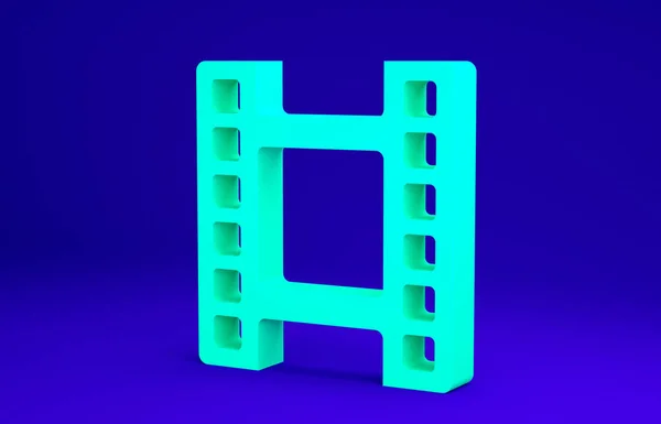 Verde Reproducir icono de vídeo aislado sobre fondo azul. Señal de tira de película. Concepto minimalista. 3D ilustración 3D render — Foto de Stock