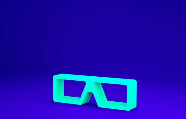 녹색 3D 영화 안경 아이콘은 파란색 배경에 분리되어 있다. 미니멀리즘의 개념입니다. 3d 삽화 3D 렌더링 — 스톡 사진