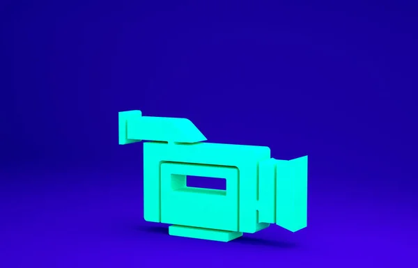 Ícone da câmera de cinema verde isolado no fundo azul. Câmera de vídeo. Sinal de filme. Projector de filme. Conceito de minimalismo. 3D ilustração 3D render — Fotografia de Stock