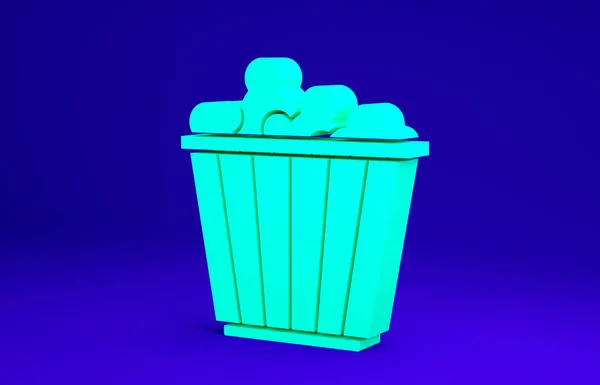 Grünes Popcorn im Karton-Symbol isoliert auf blauem Hintergrund. Popcorn-Eimerbox vorhanden. Minimalismus-Konzept. 3D Illustration 3D Renderer — Stockfoto