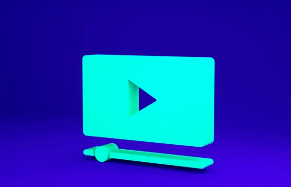 Vert en ligne jouer icône vidéo isolé sur fond bleu. Bande de film avec panneau de jeu. Concept de minimalisme. Illustration 3D rendu 3D — Photo