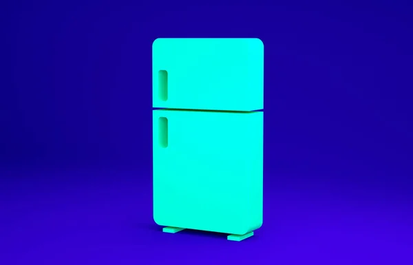 Зеленый значок Refrigerator изолирован на синем фоне. Холодильник-морозильник. Бытовая техника и техника. Концепция минимализма. 3D-рендеринг — стоковое фото
