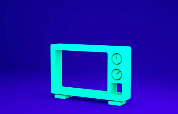 Icono del horno de microondas verde aislado sobre fondo azul. Icono de electrodomésticos. Concepto minimalista. 3D ilustración 3D render —  Fotos de Stock